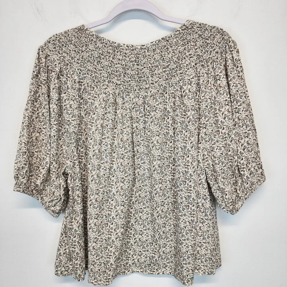 Old Navy Womens Ditsy Peasant Top Blouse Size L Smocked Puff Sleeve Cotton Rayon